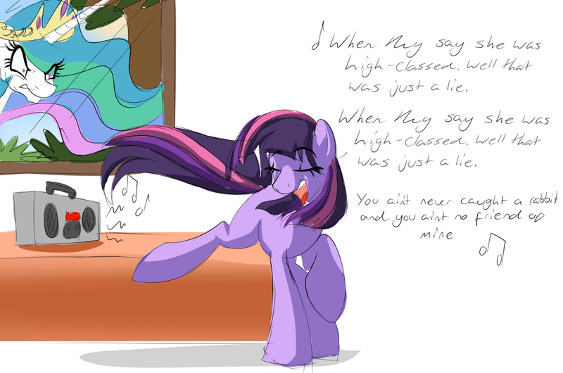 Size: 1024x679 | Tagged: artist:xxluv-bug004xx, blank flank, derpibooru import, elvis presley, hound dog, lyrics, princess celestia, safe, singing, song, song reference, thinly veiled celestia hate, twilight sparkle