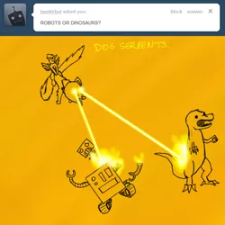 Size: 800x800 | Tagged: artist:captainhoers, derpibooru import, dinosaur, dog serpent, firestarter spitfire, orange background, robot, safe, simple background, spitfire, tumblr, tyrannosaurus rex