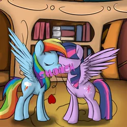 Size: 1000x1000 | Tagged: safe, artist:geneticanomaly, derpibooru import, rainbow dash, twilight sparkle, twilight sparkle (alicorn), alicorn, pony, female, hearts and hooves, kissing, lesbian, mare, shipping, tumblr, twidash