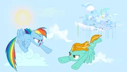 Size: 1920x1080 | Tagged: safe, artist:gustaviaable, derpibooru import, lightning dust, rainbow dash, pegasus, pony, city, cloud, cloudsdale, duo, female, flying, mare, sky, sun, vector, wallpaper