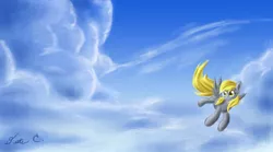 Size: 2400x1333 | Tagged: safe, artist:ardail, derpibooru import, derpy hooves, pegasus, pony, cloud, cloudy, female, flying, mare, signature, sky, solo, spread wings, wings
