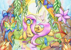 Size: 1675x1185 | Tagged: artist:jacquibim, bird, butterfly, derpibooru import, flower, fluttershy, forest, frog, safe, solo, traditional art