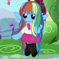 Size: 4000x4000 | Tagged: safe, artist:beavernator, derpibooru import, rainbow dash, pegasus, pony, alternate hairstyle, clothes, cute, female, long mane, mare, rain, solo, stockings, thigh highs, wet, wet mane