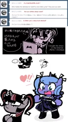 Size: 636x1143 | Tagged: safe, artist:sukaponta, derpibooru import, princess luna, twilight sparkle, semi-anthro, ..., ask-gothtwi, blushing, clothes, computer, computer mouse, dialogue, dress, eyeliner, filly, happy, heart, japanese, laptop computer, pigtails, socks, speech bubble, tumblr, woona