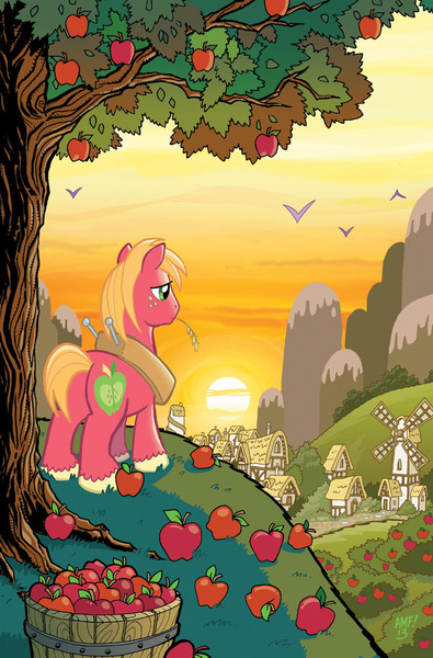 Size: 659x1000 | Tagged: safe, artist:tonyfleecs, derpibooru import, idw, big macintosh, earth pony, pony, apple, cover, male, ponyville, scenery, solo, stallion, sunset, tree