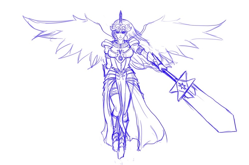 Size: 1000x665 | Tagged: armor, crown, derpibooru import, humanized, princess celestia, safe, sketch, solo, sword, warrior celestia, weapon, winged humanization