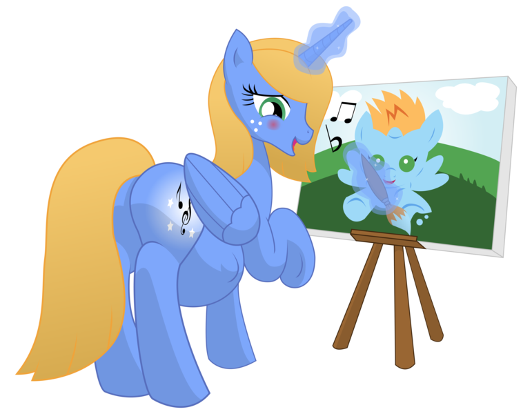 Size: 6750x5250 | Tagged: safe, artist:xniclord789x, derpibooru import, oc, oc:corona muse, oc:harmony star, unofficial characters only, alicorn, pony, absurd resolution, alicorn oc, blushing, freckles, kicking, one hoof raised, paintbrush, painting, parent:oc:corona muse, plot, pregnant, simple background, singing, transparent background