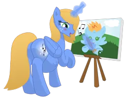 Size: 6750x5250 | Tagged: safe, artist:xniclord789x, derpibooru import, oc, oc:corona muse, oc:harmony star, unofficial characters only, alicorn, pony, absurd resolution, alicorn oc, blushing, freckles, kicking, one hoof raised, paintbrush, painting, parent:oc:corona muse, plot, pregnant, simple background, singing, transparent background