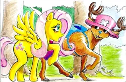 Size: 1200x782 | Tagged: artist:irie-mangastudios, choppershy, colored pencil drawing, crossover, derpibooru import, fluttershy, one piece, reindeer, safe, tony tony chopper, traditional art