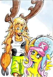 Size: 741x1079 | Tagged: anthro, artist:irie-mangastudios, choppershy, colored pencil drawing, crossover, derpibooru import, fluttershy, hat, one piece, reindeer, safe, tony tony chopper, traditional art