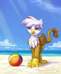 Size: 1500x1800 | Tagged: safe, artist:kp-shadowsquirrel, derpibooru import, gilda, gryphon, beach, beach ball, cloud, female, folded wings, image, lidded eyes, looking sideways, outdoors, png, raised tail, solo, standing, tail, wings