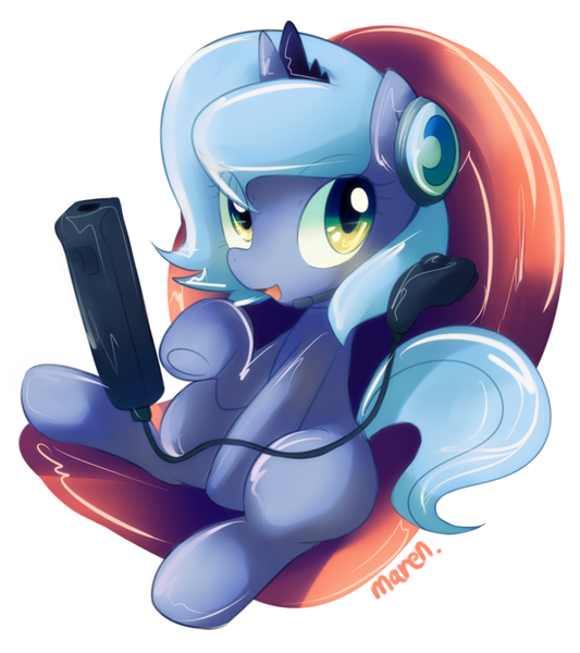 Size: 911x1025 | Tagged: artist:maren, controller, derpibooru import, filly, gamer luna, magic, princess luna, safe, solo, wiimote, wii remote, woona