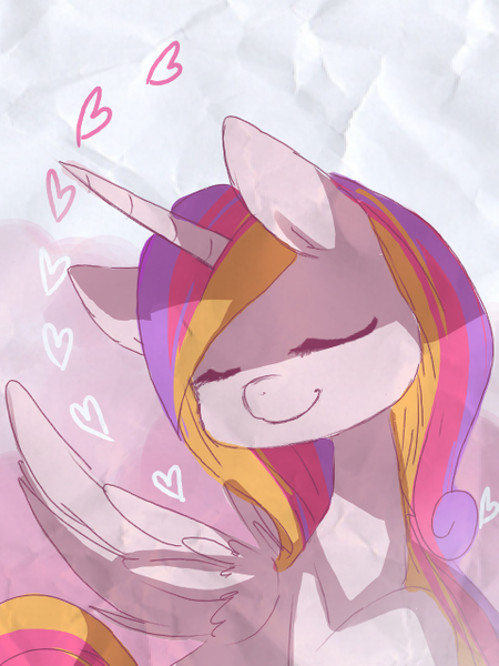 Size: 480x640 | Tagged: dead source, safe, artist:loyaldis, derpibooru import, princess cadance, alicorn, pony, eyes closed, female, heart, mare, sketch, smiling, solo