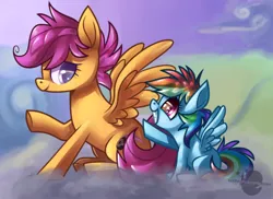 Size: 550x400 | Tagged: artist:lunchwere, derpibooru import, rainbow dash, role reversal, safe, scootaloo