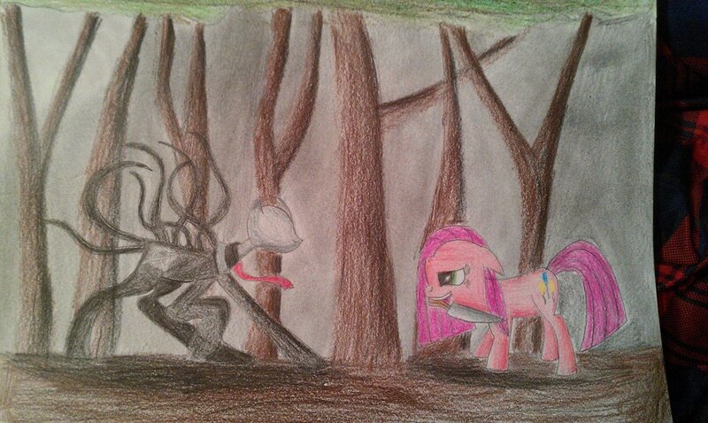 Size: 1024x612 | Tagged: safe, artist:rusticshine, derpibooru import, pinkie pie, halloween, holiday, knife, pinkamena diane pie, slenderman, traditional art