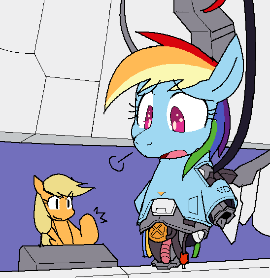 Size: 548x564 | Tagged: safe, artist:tetsutowa, derpibooru import, applejack, rainbow dash, android, pony, robot, robot pony, gynoid, hippoid, laboratory, maintenance, modular, pixiv, rainbot dash, repairing