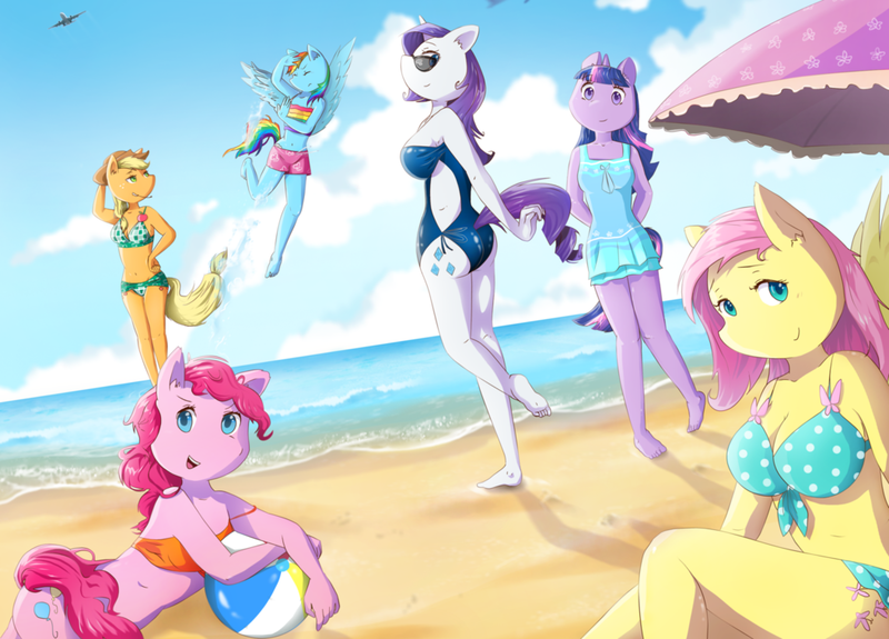 Size: 1054x757 | Tagged: anthro, applejack, artist:crap-drawings, barefoot, beach, belly button, bikini, cleavage, clothes, derpibooru import, feet, female, fluttershy, mane six, one-piece swimsuit, pinkie pie, plantigrade anthro, rainbow dash, rarity, safe, swimsuit, twilight sparkle