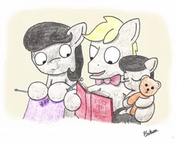 Size: 1927x1544 | Tagged: safe, artist:bobthedalek, derpibooru import, octavia melody, oc, oc:mixed melody, oc:octavia's father, oc:octavia's mother, oc:ostinato melody, earth pony, pony, book, father and daughter, female, filly, knitting, male, parent, reading, sleeping, sweet dreams fuel, teddy bear