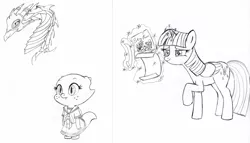 Size: 1112x636 | Tagged: safe, artist:queencold, derpibooru import, spike, twilight sparkle, twilight sparkle (alicorn), oc, oc:jade, alicorn, dragon, pony, armor, baby dragon, dragon oc, dragoness, female, mare, monochrome, sailor uniform, sketch, sketch dump