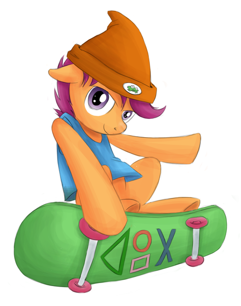 Size: 884x1118 | Tagged: dead source, safe, artist:xioade, derpibooru import, scootaloo, pony, bipedal, clothes, hat, parappa the rapper, playstation, rhythm game, skateboard, solo