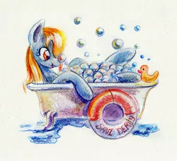 Size: 900x821 | Tagged: safe, artist:maytee, derpibooru import, derpy hooves, duck, pegasus, pony, bath, bathtub, bubble, bubble bath, claw foot bathtub, female, life buoy, mare, save derpy, solo