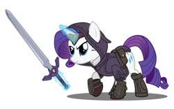 Size: 1024x640 | Tagged: safe, artist:cheshiretwilight, derpibooru import, rarity, crossover, legend of zelda: clockwork empire, magic, parody, solo, sword, the legend of zelda