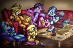 Size: 1100x722 | Tagged: applejack, artist:xioade, controller, couch, derpibooru import, eating, fluttershy, food, mane six, meat, messy, nachos, pepperoni, pepperoni pizza, pinkie pie, pizza, rainbow dash, rarity, safe, soda, television, twilight sparkle, video game