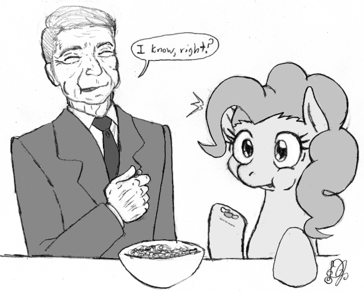 Size: 800x645 | Tagged: safe, artist:dj-black-n-white, derpibooru import, pinkie pie, human, dialogue, jellybeans, monochrome, ronald reagan