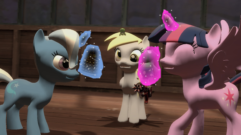 Size: 1192x670 | Tagged: safe, artist:fezwearingdoctor, derpibooru import, derpy hooves, smarty pants, trixie, twilight sparkle, twilight sparkle (alicorn), alicorn, pony, 3d, dalek, doctor who, female, gmod, mare, team fortress 2, toy