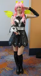 Size: 542x1000 | Tagged: armor, armor skirt, boots, clothes, convention:eqla, cosplay, derpibooru import, eqla, equestria la, fluttershy, human, irl, irl human, photo, private pansy, safe, shoes, skirt, solo