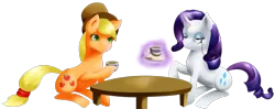 Size: 1899x750 | Tagged: safe, artist:rrdz, derpibooru import, applejack, rarity, hat, monocle, tea, teacup