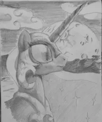 Size: 832x992 | Tagged: artist:muffinshire, derpibooru import, monochrome, nightmare moon, safe, solo, traditional art