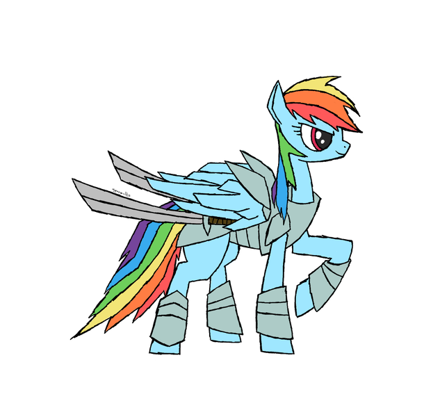 Size: 1119x1100 | Tagged: safe, artist:spromultis, derpibooru import, rainbow dash, armor, solo, sword