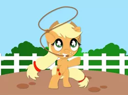 Size: 944x704 | Tagged: safe, artist:nekosnicker, derpibooru import, applejack, earth pony, pony, bipedal, cowboy hat, cutie mark, female, fence, hat, hooves, lasso, lineless, mare, mouth hold, rearing, solo