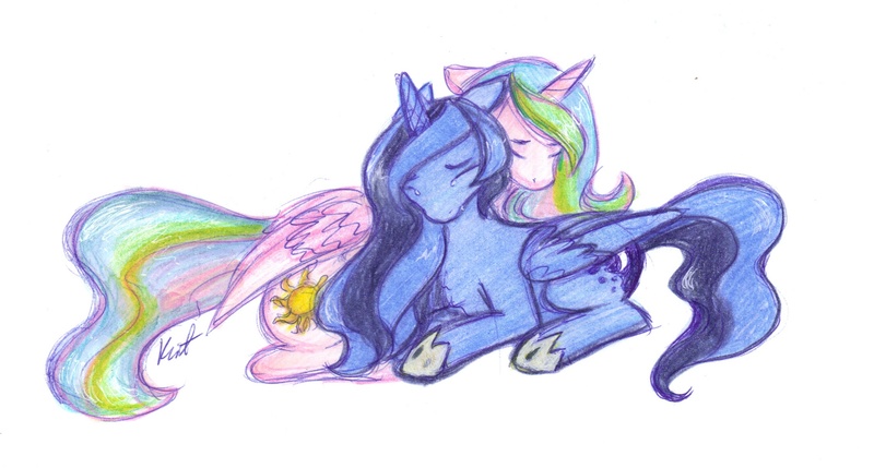 Size: 2255x1210 | Tagged: artist:hippykat13, crying, derpibooru import, eyes closed, pinklestia, princess celestia, princess luna, prone, safe, simple background, sisters, traditional art, younger