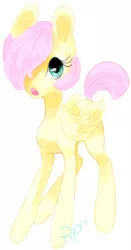 Size: 394x750 | Tagged: alternate hairstyle, artist:piptart, dead source, derpibooru import, filly, fluttershy, folded wings, hair over one eye, open mouth, safe, short hair, short mane, simple background, solo, white background, younger