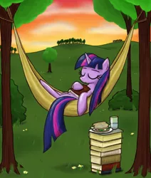 Size: 764x900 | Tagged: safe, artist:paper-pony, derpibooru import, twilight sparkle, pony, unicorn, book, female, flower, food, glass of water, grass, hammock, hill, mare, pile of books, sandwich, sleeping, solo, tree, unicorn twilight