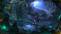 Size: 1920x1080 | Tagged: safe, artist:huussii, derpibooru import, pinkie pie, earth pony, pony, too many pinkie pies, cave, cave pool, detailed, everfree, glow, mirror pool, scene interpretation, scenery, scenery porn, solo, wallpaper