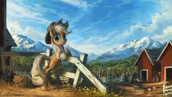 Size: 1920x1080 | Tagged: safe, artist:huussii, derpibooru import, applejack, earth pony, pony, barn, bipedal leaning, bucket, farm, female, fence, grin, hat, hay, leaning, looking at you, looking back, mare, mountain, plot, scenery, scenery porn, smiling, solo, sweet apple acres, wallpaper, well, widescreen