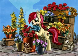 Size: 1600x1161 | Tagged: safe, artist:harwick, derpibooru import, roseluck, pony, rabbit, bipedal, bipedal leaning, flower, flower petals, flower pot, leaning, mouth hold, rose, solo, watering can, working