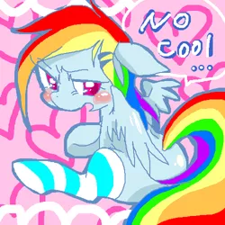 Size: 500x500 | Tagged: artist:kyubi, blushing, clothes, colored pupils, derpibooru import, dialogue, engrish, hairclip, heart, pink background, pixiv, rainbow dash, safe, simple background, sitting, socks, solo, speech bubble, strategically covered, striped socks, tail censor