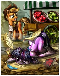 Size: 1250x1603 | Tagged: apple, apple cart, applejack, artist:harwick, basket, book, cart, crash, derpibooru import, dirty, feather, hit and run, list, messy, mud, rainbow dash, safe, scroll, twilight is not amused, twilight sparkle, unamused, working