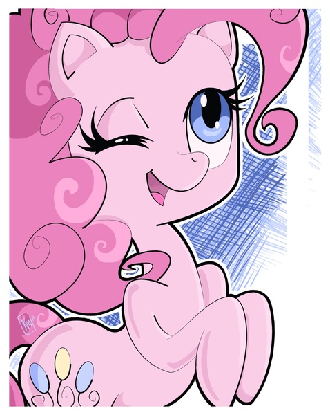 Size: 966x1213 | Tagged: safe, artist:mytoothless, derpibooru import, pinkie pie, earth pony, pony, female, mare, one eye closed, open mouth, solo, wink