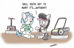 Size: 1998x1314 | Tagged: safe, artist:bobthedalek, derpibooru import, octavia melody, vinyl scratch, earth pony, pony, unicorn, backwards cutie mark, camera, clothes, duo, female, lawn mower, museum, t-shirt