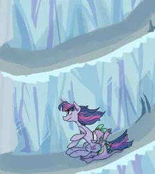 Size: 1279x1432 | Tagged: safe, artist:twistydoo, derpibooru import, spike, twilight sparkle, dragon, pony, unicorn, the crystal empire, duo, female, gravity, king sombra's stair dimension, male, mare, scene interpretation, slide, sliding, stairs, unicorn twilight