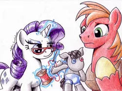 Size: 1600x1200 | Tagged: safe, artist:muffinshire, derpibooru import, big macintosh, rarity, smarty pants, earth pony, pony, crying, glasses, magic, male, sewing, stallion, traditional art, working