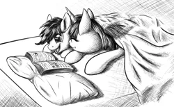 Size: 1953x1200 | Tagged: safe, artist:furor1, derpibooru import, rainbow dash, twilight sparkle, bed, blanket, book, eyes closed, female, lesbian, monochrome, open mouth, pillow, prone, reading, shipping, smiling, twidash