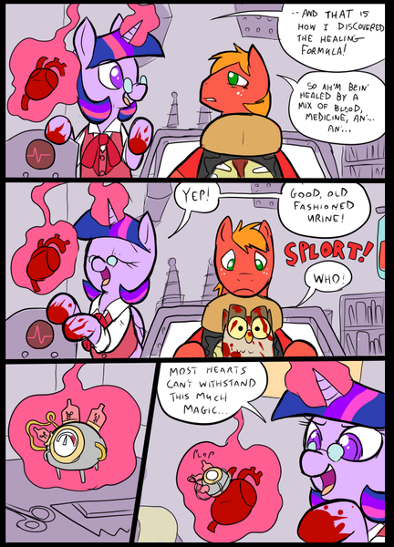 Size: 697x967 | Tagged: safe, artist:metal-kitty, derpibooru import, big macintosh, owlowiscious, twilight sparkle, twilight sparkle (alicorn), alicorn, pony, comic:meet the twimedic, archimedes, blood, comic, female, glasses, heart, heavy, heavy mac, mare, medic, meet the medic, team fortress 2, twi medic