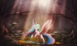 Size: 1980x1188 | Tagged: safe, artist:ajvl, derpibooru import, princess celestia, alicorn, pony, boulder, crepuscular rays, dead tree, dust, forest, looking up, missing accessory, rearing, scenery, solo, spread wings, tree