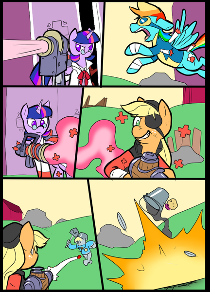 Size: 697x967 | Tagged: safe, artist:metal-kitty, derpibooru import, applejack, derpy hooves, rainbow dash, twilight sparkle, twilight sparkle (alicorn), alicorn, pony, comic:meet the twimedic, bipedal, blood, comic, crossover, death, demo jack, demoman, derpy soldier, explosion, female, glasses, mare, medic, meet the medic, muffin, rainbow scout, scout, soldier, syringe gun, team fortress 2, twi medic